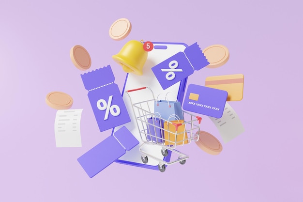 Promotion shopping via online mobile phone discount coupons\
concept floating on purple background money transfer financial\
transactions minimal cartoon refund cashback 3d rendering\
illustration