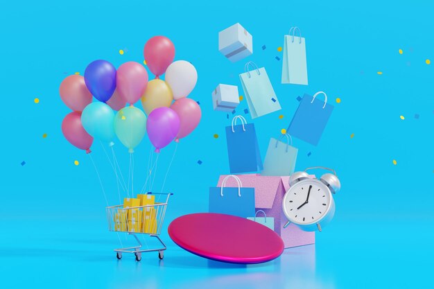 Подиум-шоу с коробкой для корзины для покупок и воздушным шаром для рекламы 3D-рендеринга