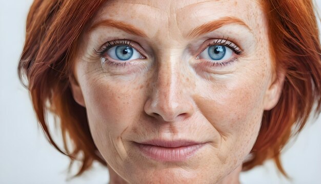 사진 홍보 배너: 아름다운 은 머리, 얼굴에 얼굴이 니가 있는 50대 여성, 파란 눈.