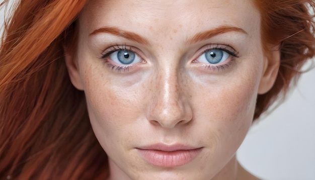 Photo promotional banner with a beautiful red haired 40 years old woman freckled face blue eyes