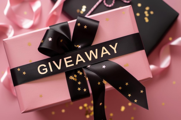 Promotional giveaway banner with pink and black ribbon