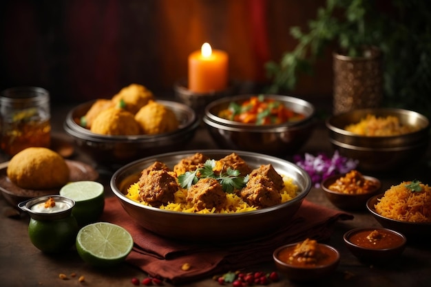 美味しいインド料理のプロモーション写真美しい皿の米香料とろうそくのバナー