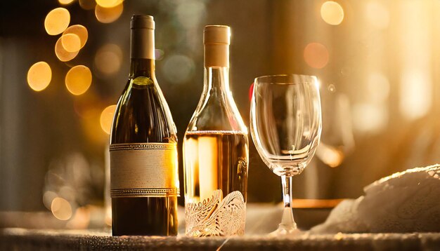 Promotional photo of a glass bottle of wine in a warm light with glass