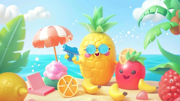 写真 可愛い漫画の熱帯果物を描いたプロモーションポスター水銃で日光浴し剃られた氷を販売しています