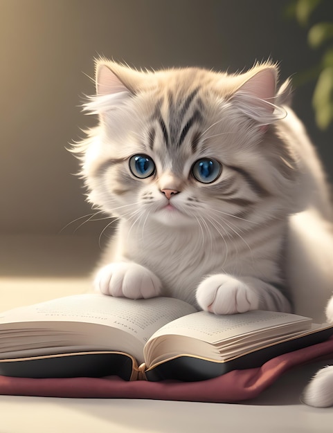 Пожалуйста, милая кошка читает книгу.