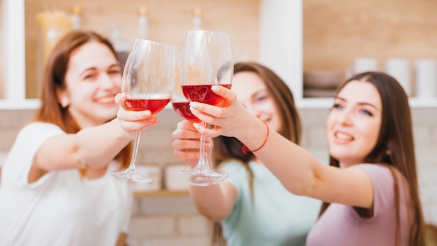 Proost. Feest, feest en meisjes ontmoetingsplaats vrije tijd. Vrouwen roosteren met glazen rode wijn.