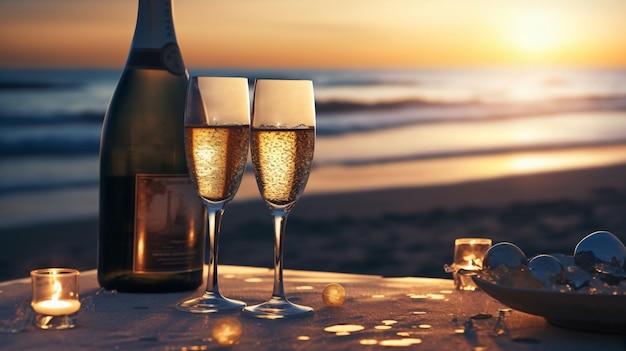 Proosten op het paradijs Vieren met champagne en wijn aan een strandtafel Generatieve AI