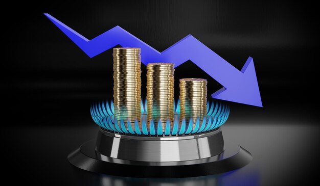 propane butane gas burner golden coins and downwards arrow 3d illustration