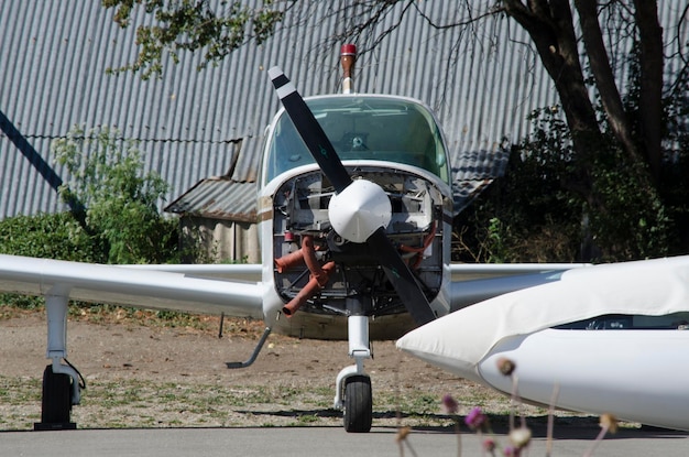 propeller plane front parked at the bariloche aerodrome