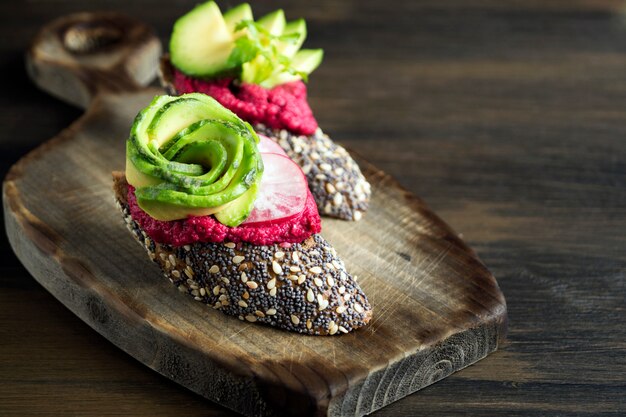 Proper diet. beetroot hummus with rye bread.