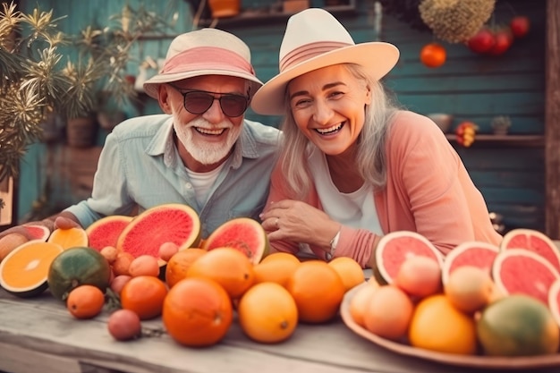 Proper Nutrition Giving up bad habits health a strong body Older age to be happy and cheerful and cheerful Senior couple old seniority Healthy eating fruits and vegetables