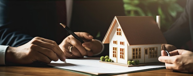 Property And Real Estate concept shaking hands and house on table panorama photo