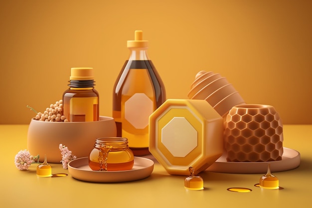 Propolis bottles with bee extract cosmetics based on beeswax beauty skin care illustration Generative AI
