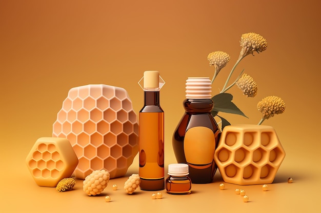 Propolis cosmetica productflessen met bijenextract op basis van bijenwas schoonheid huidverzorging illustratie Generatieve AI