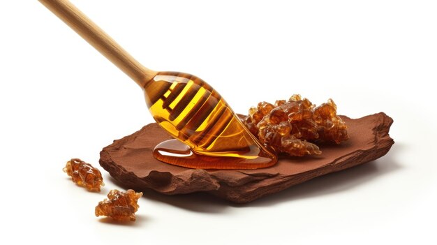 Propolis tincture in wooden spoon on white background Ai generative