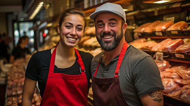 The proprietor and assistant of a butcher business sell typical Spanish gammon