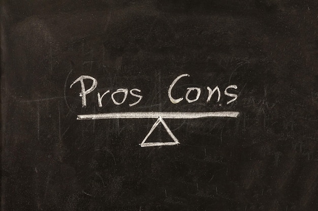 Pros contra cons concept empty list on blackboard background\
for decision making