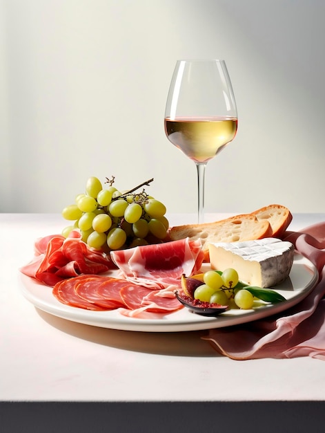 Foto prosciutto, formaggio, uva e un bicchiere di vino bianco.