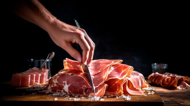 Prosciutto crudo being sliced on a dark table with a knife Generative AI