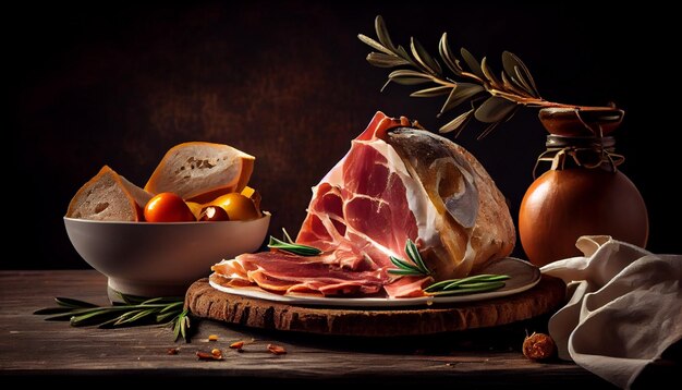 Prosciutto crudo or jamon with rosemary and olivesgenerative ai