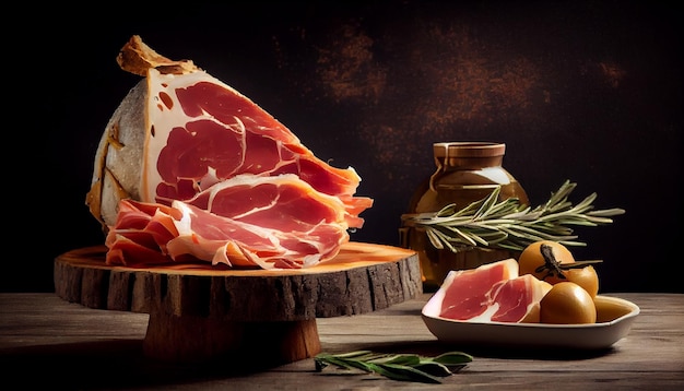 Prosciutto crudo of jamon met rozemarijn en olijvengeneratieve ai