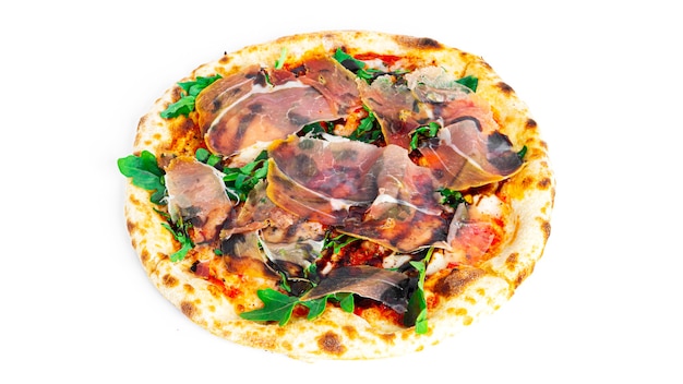 Prosciutto di parma pizza isolated. Pizza with Parma ham. Jamon. Italian cuisine. .