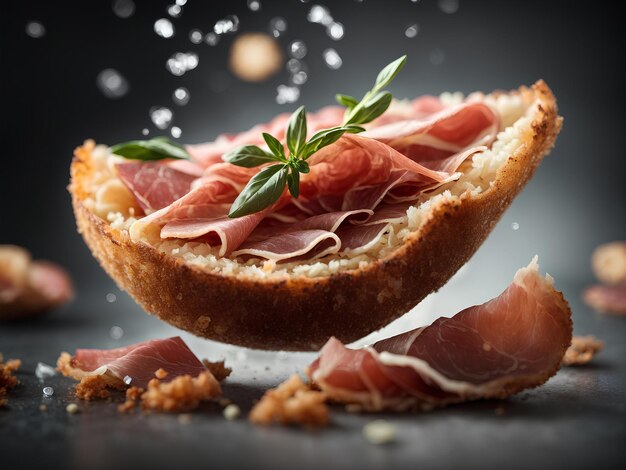 Prosciutto di parma sliced italian ham premium ingredient floating in the air cinematic adv phot