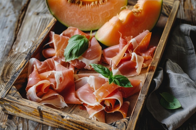 Prosciutto en meloen op een houten dienblad Generatieve AI