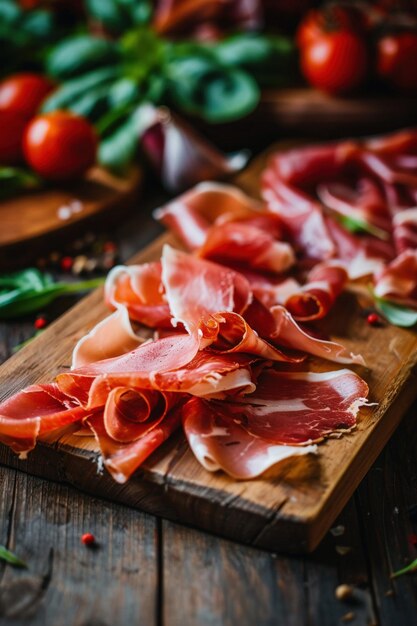 Photo prosciutto slices on wooden board moody light