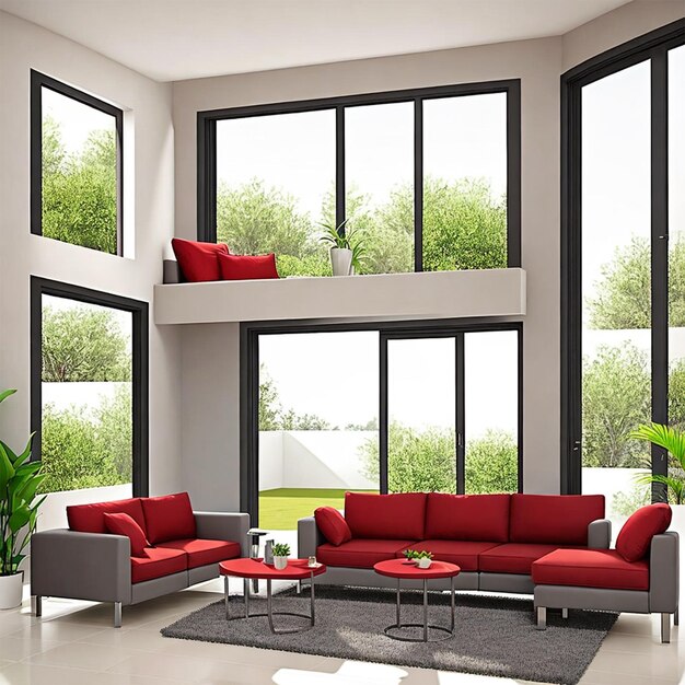 Foto una prospettiva di un moderno soggiorno con pavimento in ceramica beige chiaro e un divano grigio in stile moderno