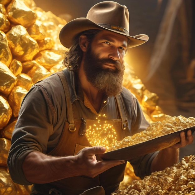 A prospector striking gold and holding a gleaming nugget in his hand