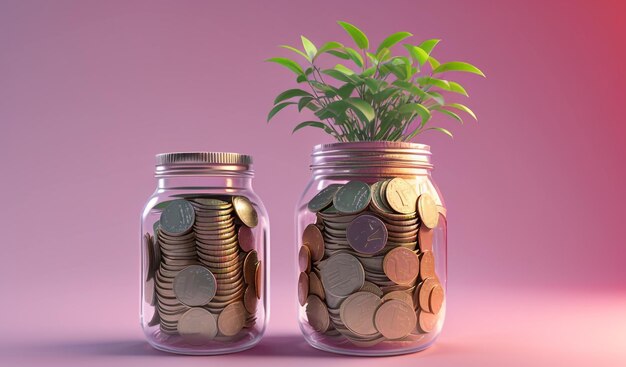 Фото Денежные монеты для выращивания процветания и растущее дерево в банке. прибыль от депозитных дивидендов для s.