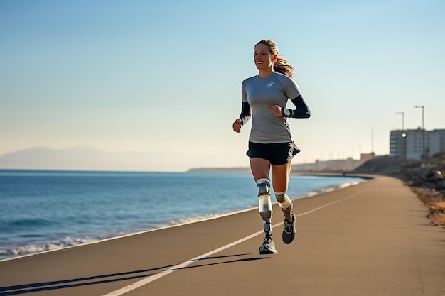 障害を持つ若い女性の足に義足を装着した海沿いの道を走る女性