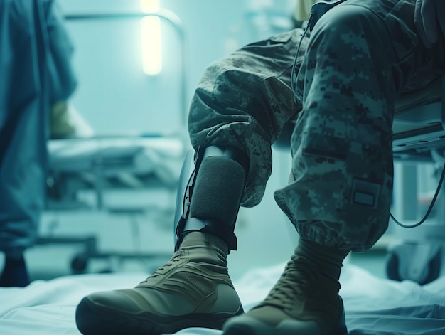 Photo prosthetic leg for military and soldiers in the army recovery in a military hospital ward closeup