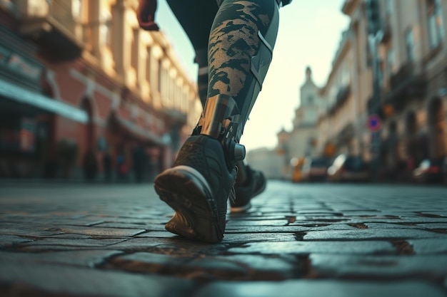 Prosthetic leg of person wearing running shoe against a street background ai generation