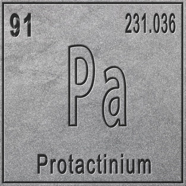 Protactinium scheikundig element, bord met atoomnummer en atoomgewicht, periodiek systeemelement, zilveren achtergrond