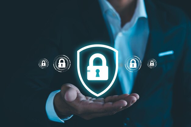 Protect the concept of network security and privacy for data Lock in the Internet security technology icon Businessmen protect personal information