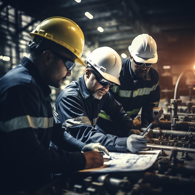 Foto lavoratori industriali protetti della forza lavoro con elmetti protettivi