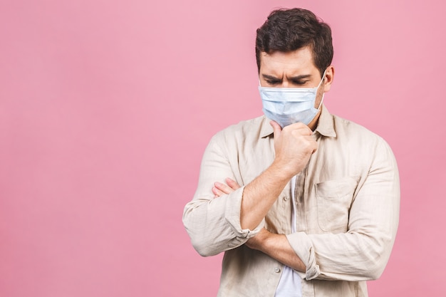 Protection against contagious disease, coronavirus. Man wearing hygienic mask to prevent infection, airborne respiratory illness such as flu, 2019-nCoV. Isolated.