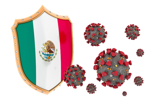 코로나 바이러스로부터 멕시코의 보호 3D 렌더링은 색 배경에 고립되어 있습니다.
