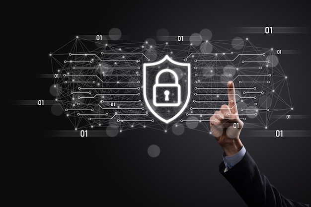 Protection network security computer and safe your data
concept, businessman holding shield protect icon. lock symbol,
concept about security, cybersecurity and protection against
dangers