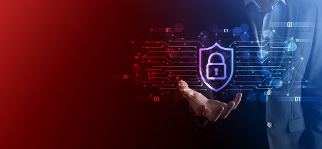 Protection network security computer and safe your data concept, businessman holding shield protect icon. lock symbol, concept about security, cybersecurity and protection against dangers.