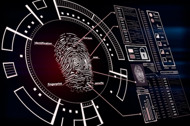 Photo protection and security concept with fingerprint and cyberspace icons on digital screen