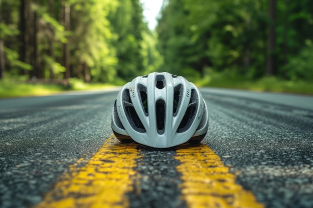 Protective bicycle helmet on road near forest