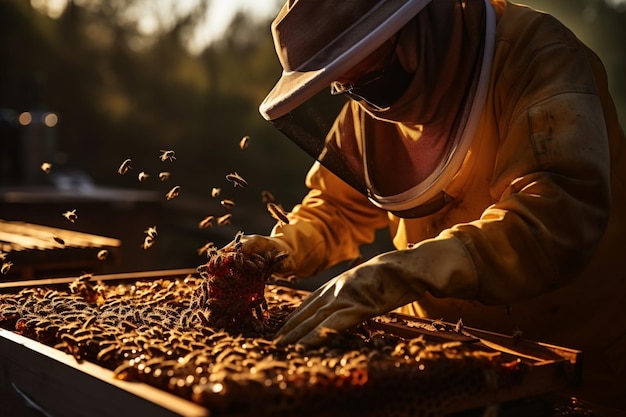 In protective garb beekeeper displays honeycomb embodying hands on beekeeping expertise