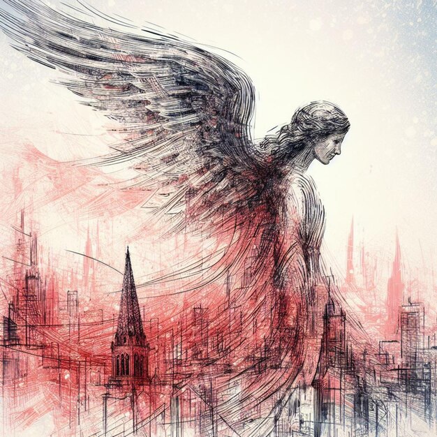 写真 守護天使が街の風景を守る 赤い黒い絵画