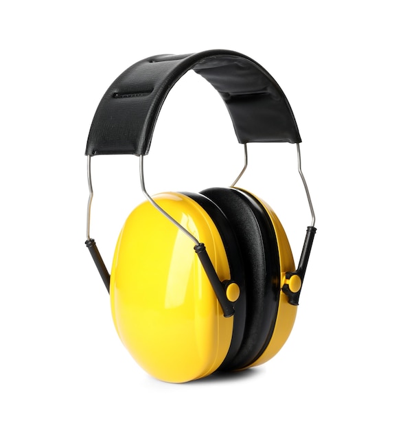 Protective headphones on white background Construction tool