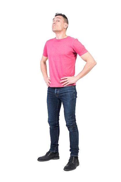 Protective man in light studio. White background