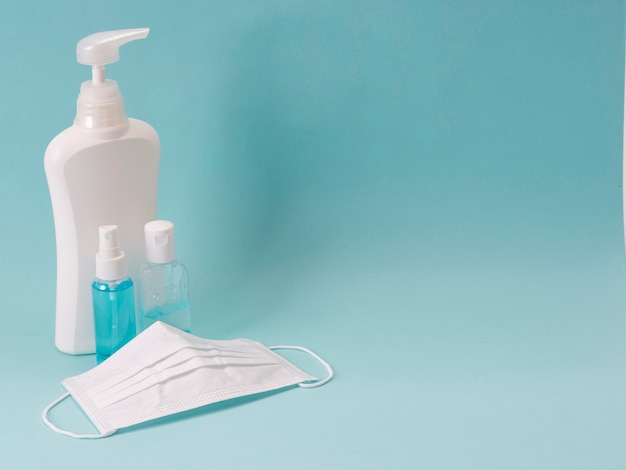 protective mask and hand sanitizer.