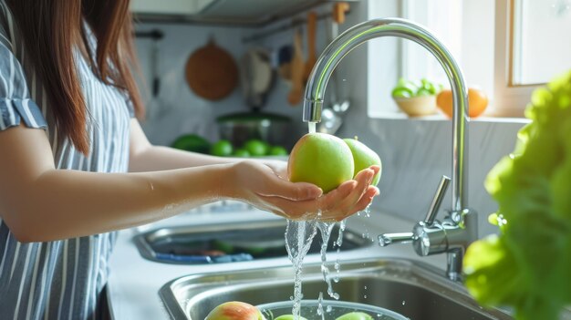 Protective Measures Asian Woman Safely Washing and Cleaning Fruits to Prevent COVID19 Contaminatio